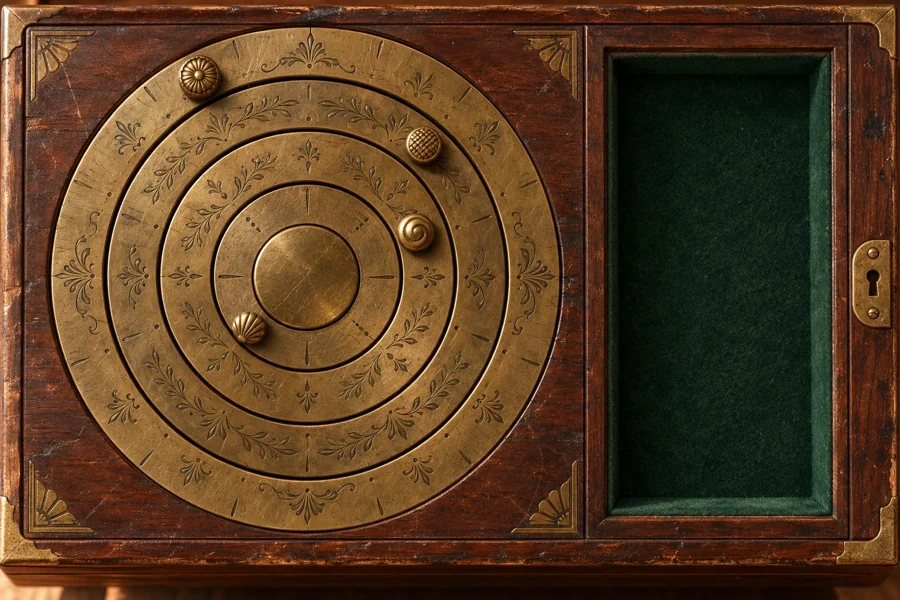 An ornate brass dial puzzle inside a wooden gallery cabinet